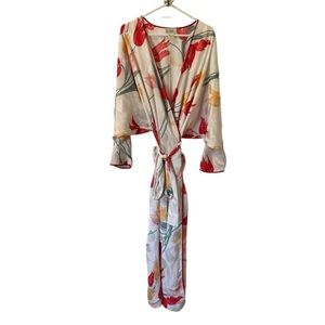 Vintage Natori white red yellow tulip batwing robe M Excellent condition